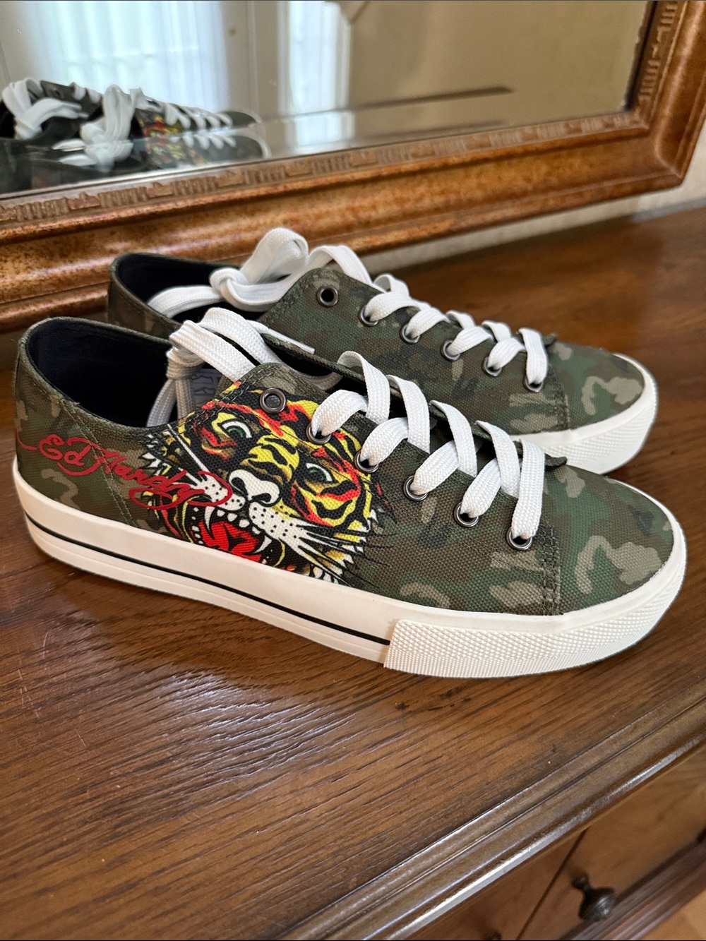 New w/o tag. Ed Hardy Men's Camo Low-Top Sneakers with Tiger Motif - Size 7 1/2.